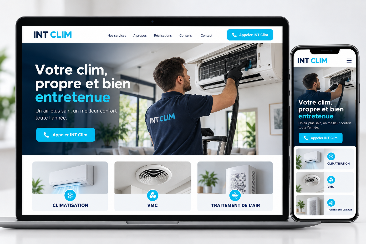 Technicien INT Clim entretenant une climatisation murale
